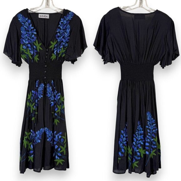 Black Blue Embroidered Dress Button Down Summer Vacation Small - Picture 13 of 13